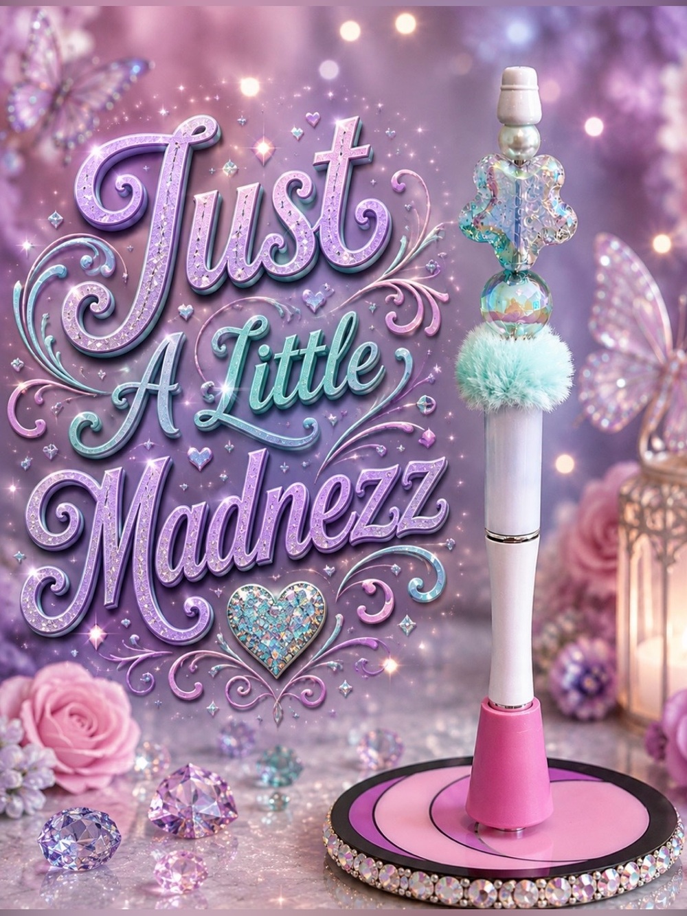 Sparkle Pen Holder Stand with Pink Pen and Mint Pom Pom